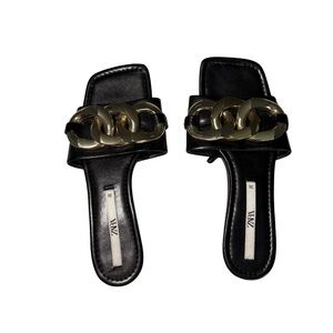 Zara Black Slide Sandals with Chunky Gold Chain